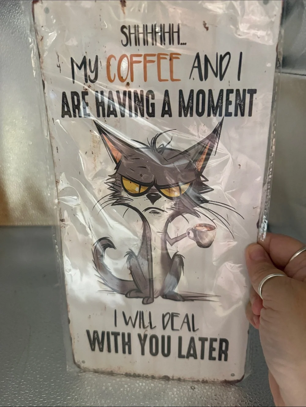 Coffee Cat Wall Sign - White Background with Brown Cat